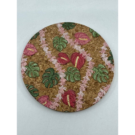 Anthurium, Monstera, Plumeria Lei Cork Coaster