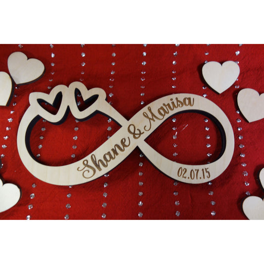 NEW: Personalized Wood Infinity Sign with Couples Names and Double Hearts