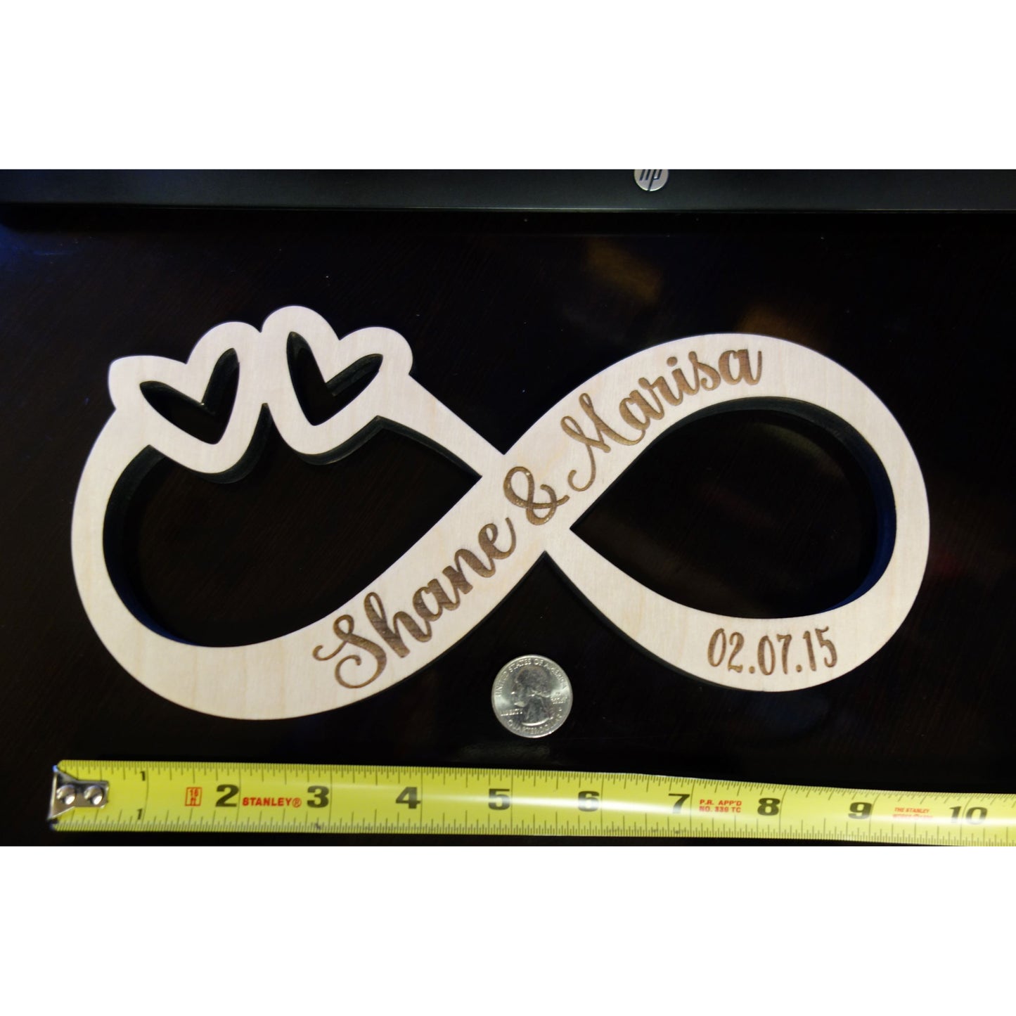 NEW: Personalized Wood Infinity Sign with Couples Names and Double Hearts