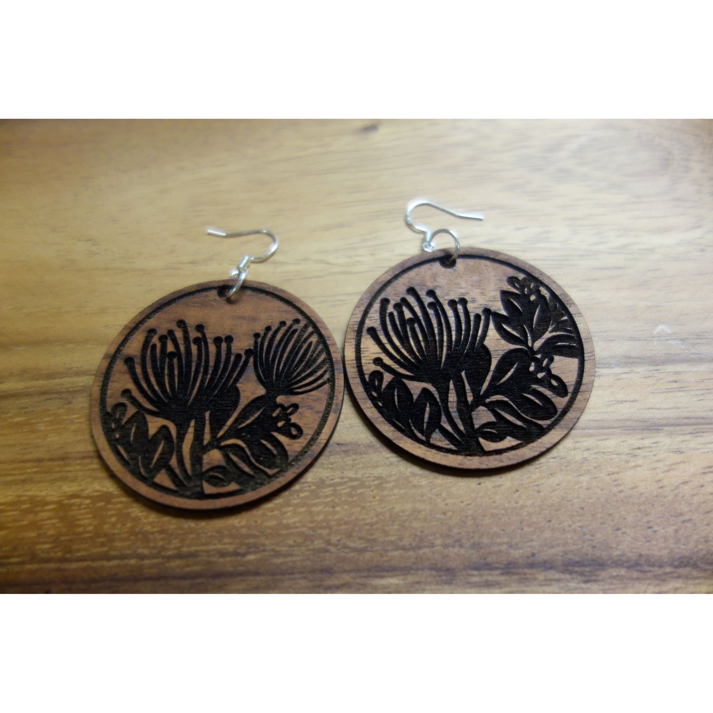 Koa Wood Ohia Lehua Earrings, Large