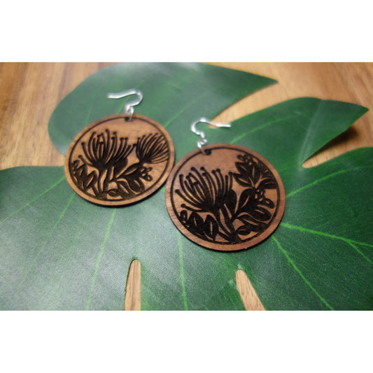 Koa Wood Ohia Lehua Earrings, Large