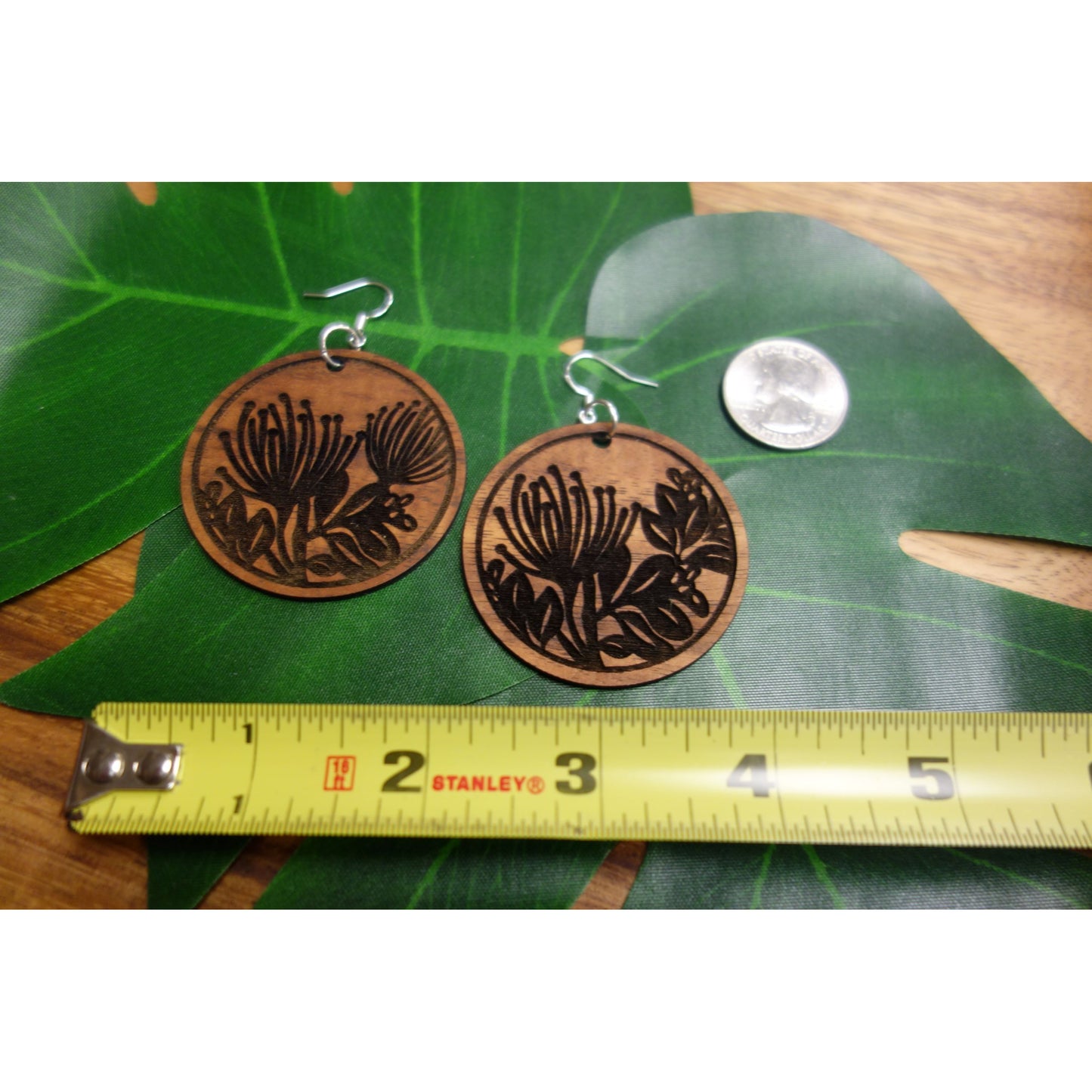 Koa Wood Ohia Lehua Earrings, Large