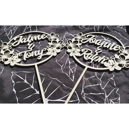 CUSTOM Plumeria Circle Names Wood Cake Topper