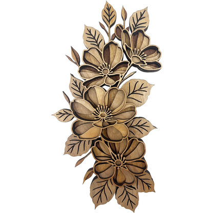 Layered floral wood wall art made from birch plywood, 3D laser cut design, Hawaii inspired home decor