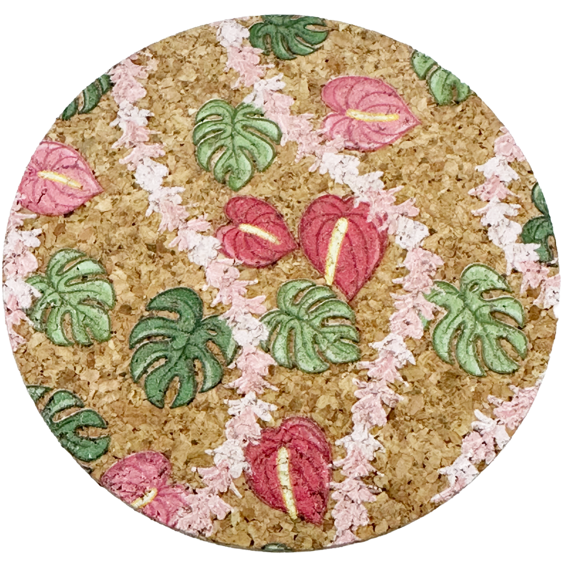 Anthurium, Monstera, Plumeria Lei Cork Coaster