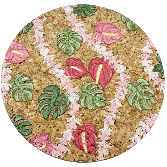 Anthurium, Monstera, Plumeria Lei Cork Coaster