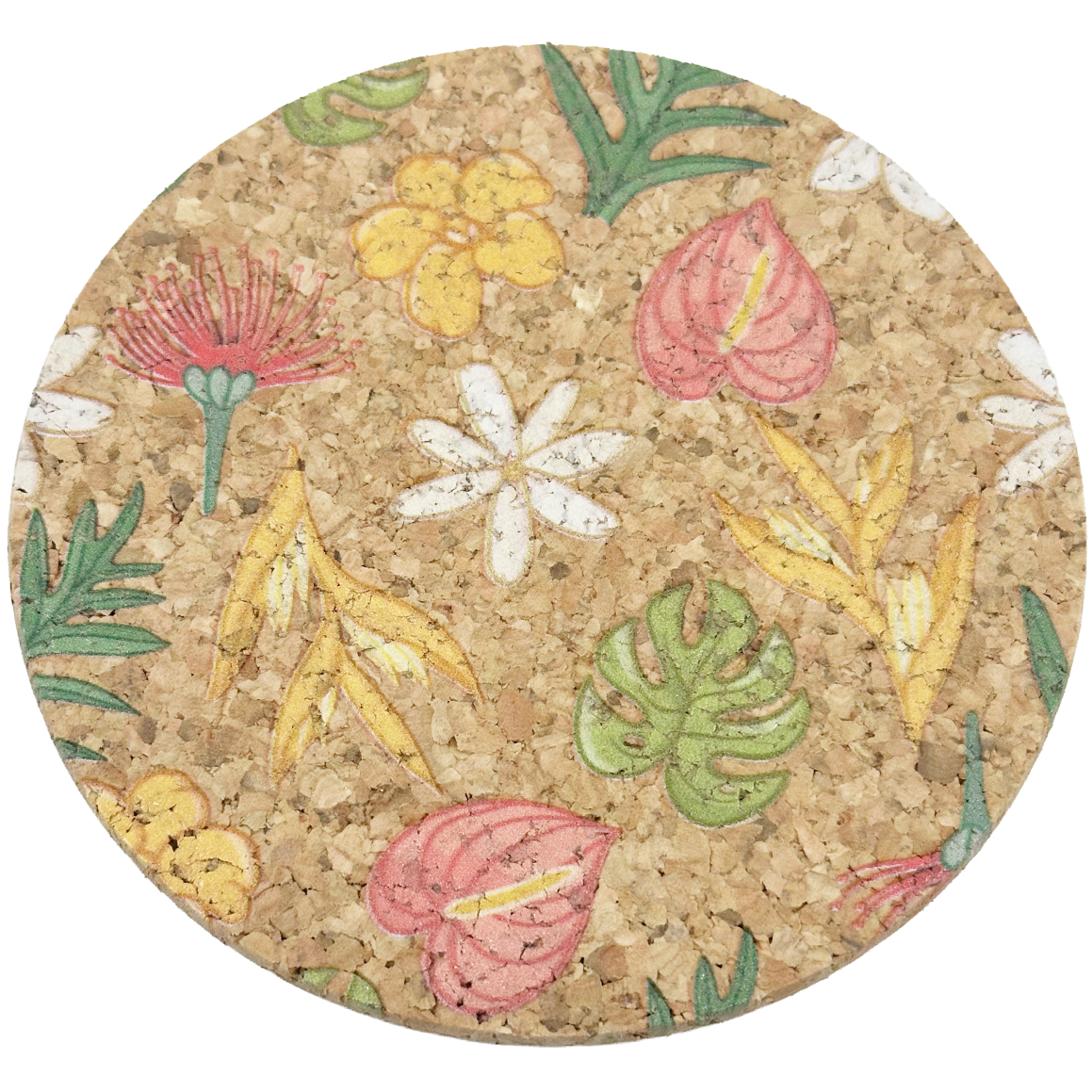 Anthurium, Heliconia, Monstera, Ohia, Puakenikeni, Tiare Cork Coaster