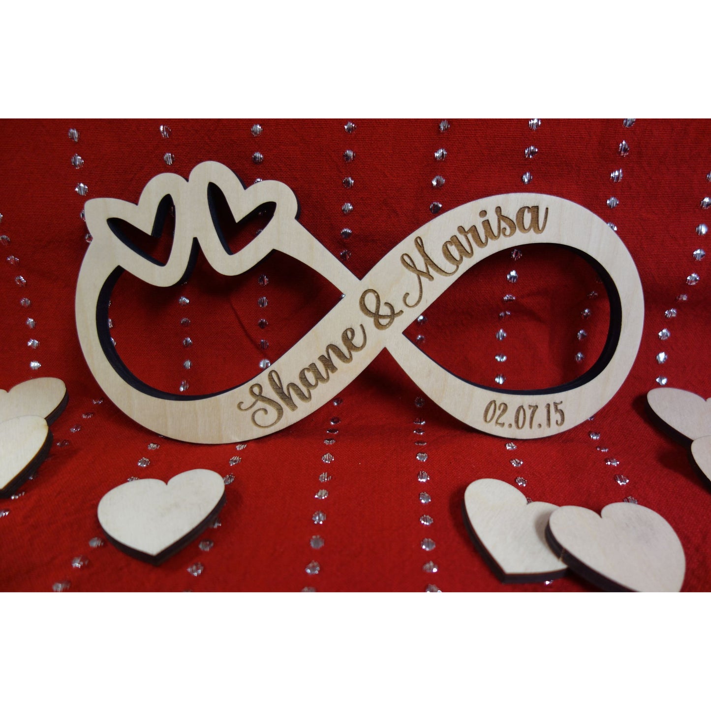 NEW: Personalized Wood Infinity Sign with Couples Names and Double Hearts