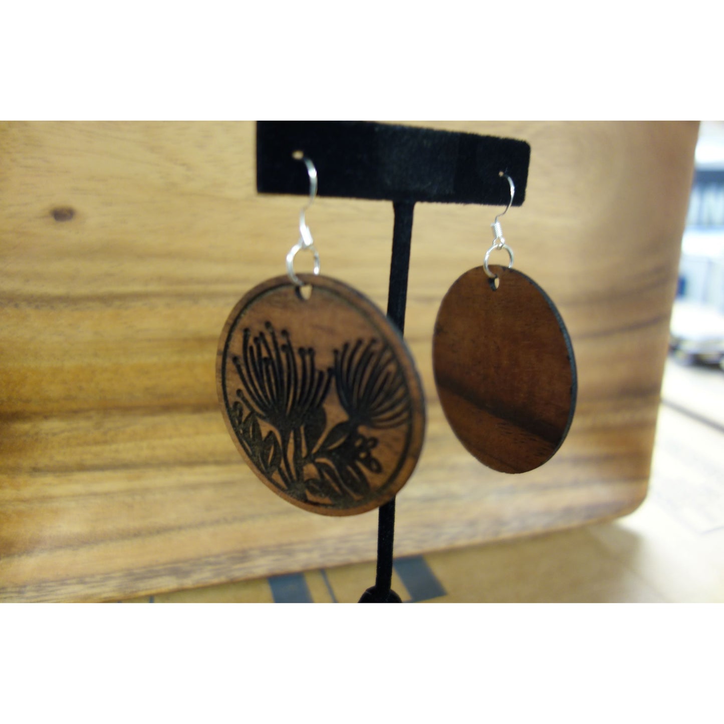 Koa Wood Ohia Lehua Earrings, Large