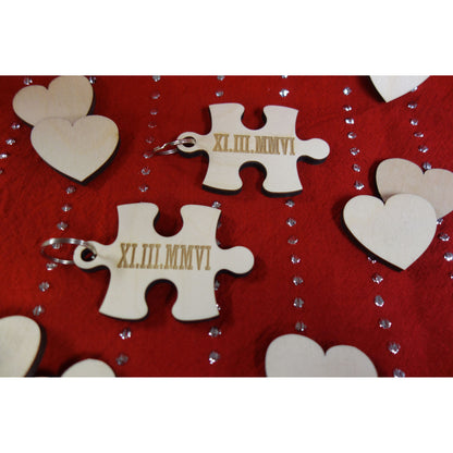NEW: Personalized Wood Puzzle Piece Matching Key Chain Roman Numeral Date