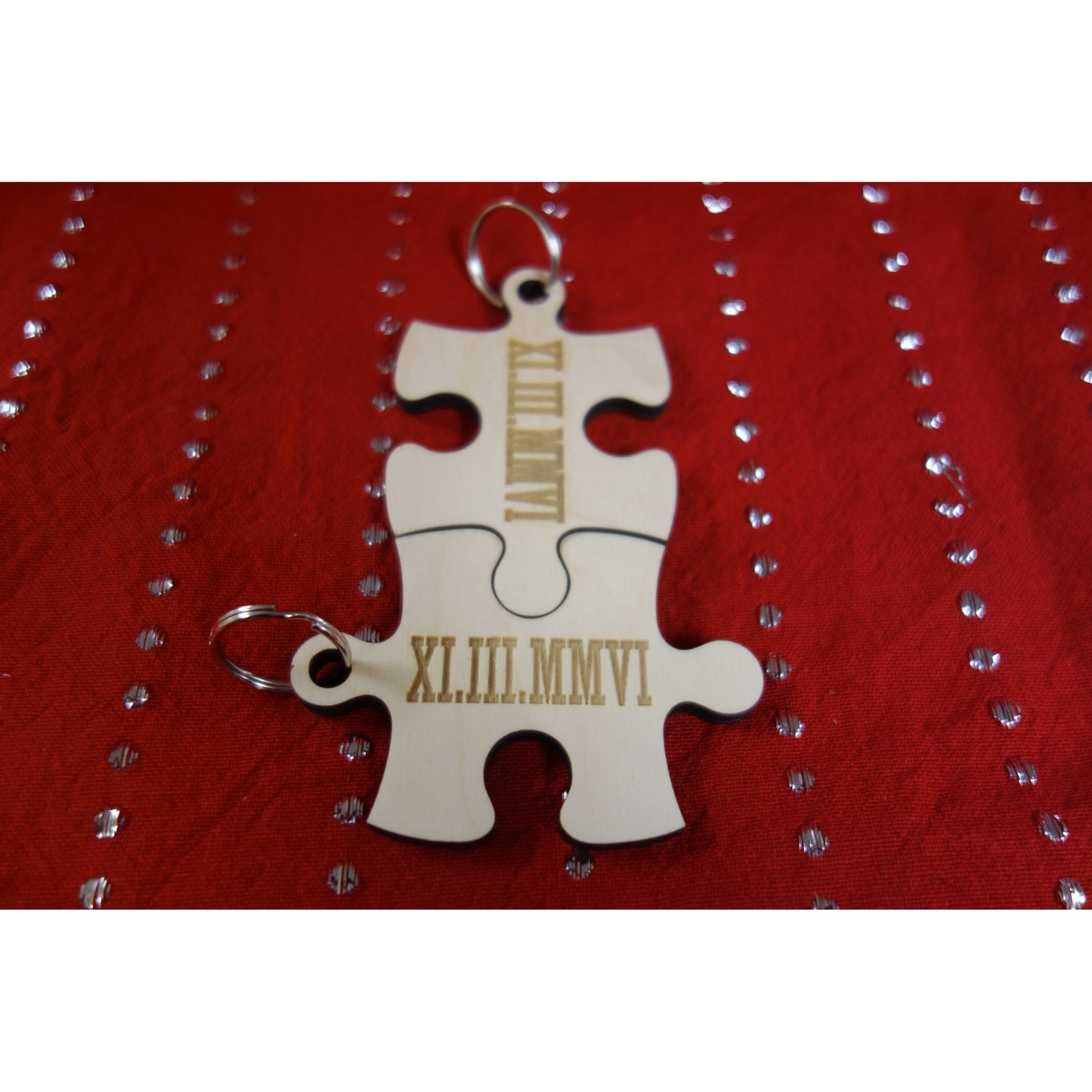 NEW: Personalized Wood Puzzle Piece Matching Key Chain Roman Numeral Date