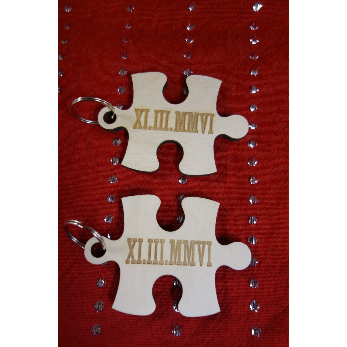 NEW: Personalized Wood Puzzle Piece Matching Key Chain Roman Numeral Date