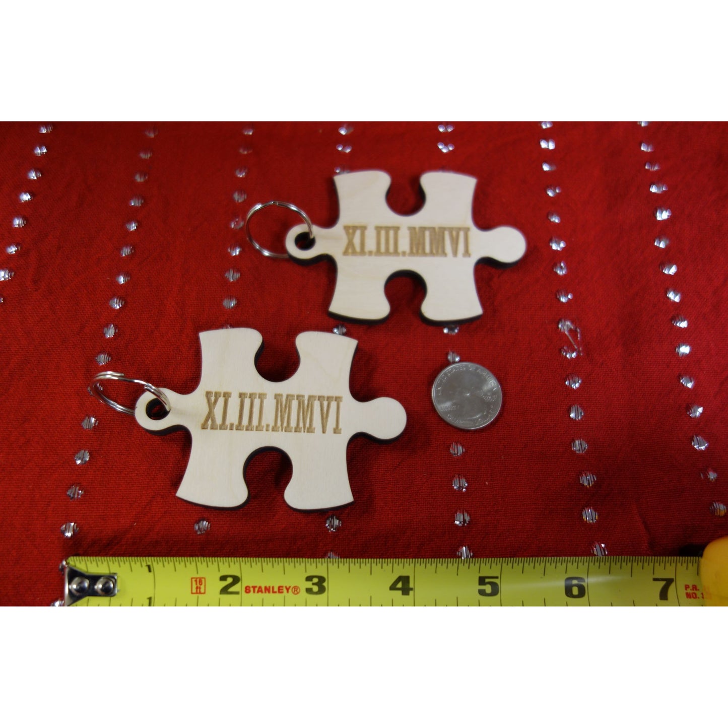 NEW: Personalized Wood Puzzle Piece Matching Key Chain Roman Numeral Date